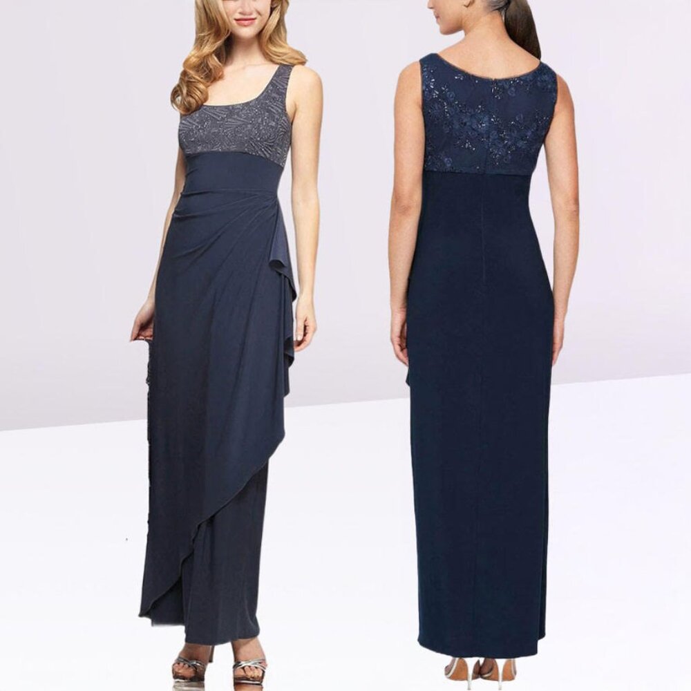 Alex Evenings Embellished Gown Evening Formal Maxi Dress Side Ruffle Sz12 Navy